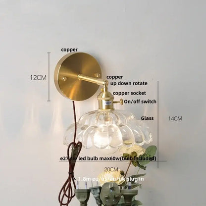 Modern gold faceted clear glass wall lamp with vintage-style copper adjustable arm and scalloped clear glass shade wall light