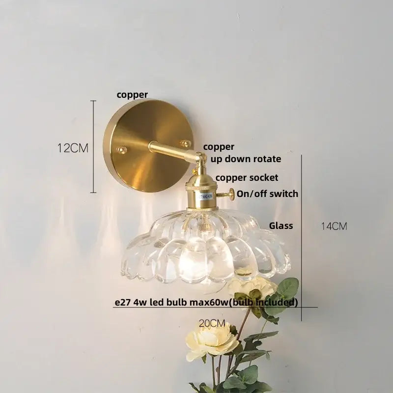 Modern gold faceted clear glass wall lamp with brass-finished copper arm and scalloped shade e27 led wall light