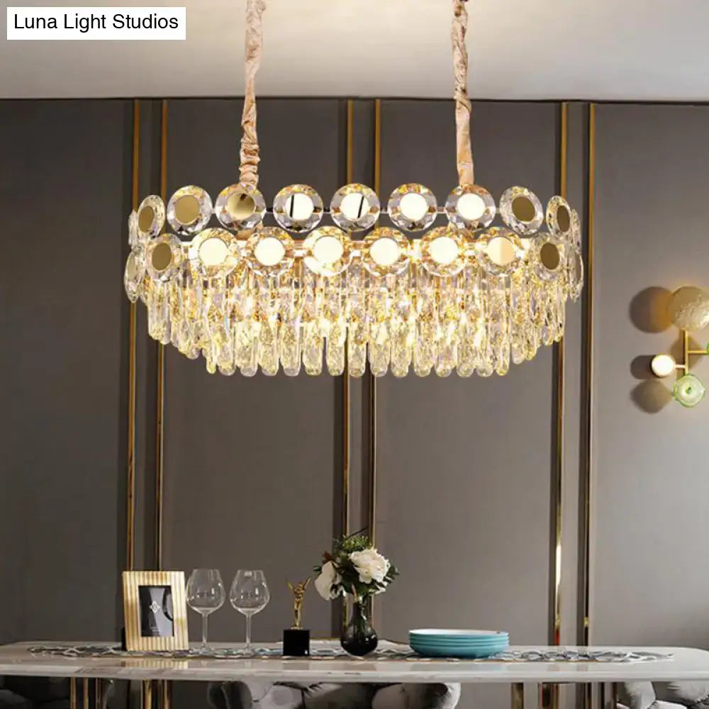 DecorBites 12-head gold suspension light fixture with faceted crystal droplets and oval mirrored accents in postmodern design