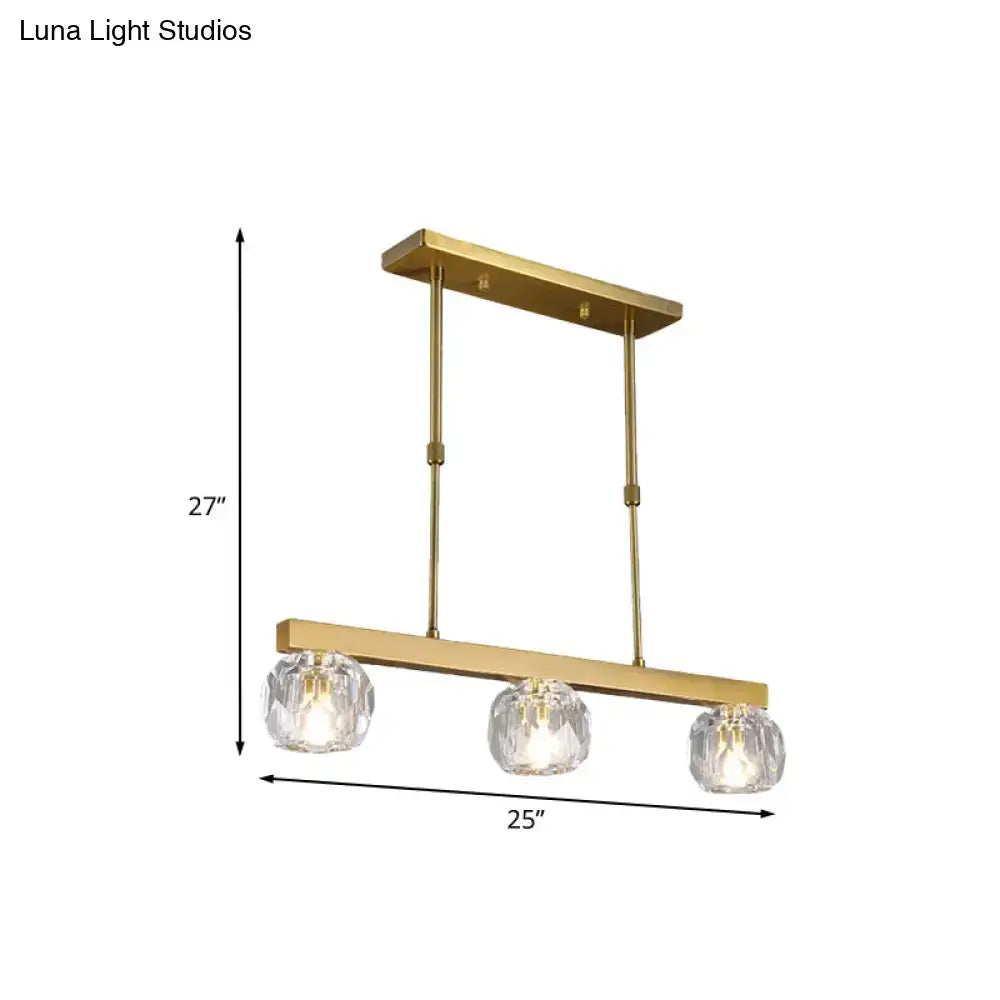 Modern gold faceted crystal island pendant light with three faceted crystal sphere globe shades for kitchen dining room