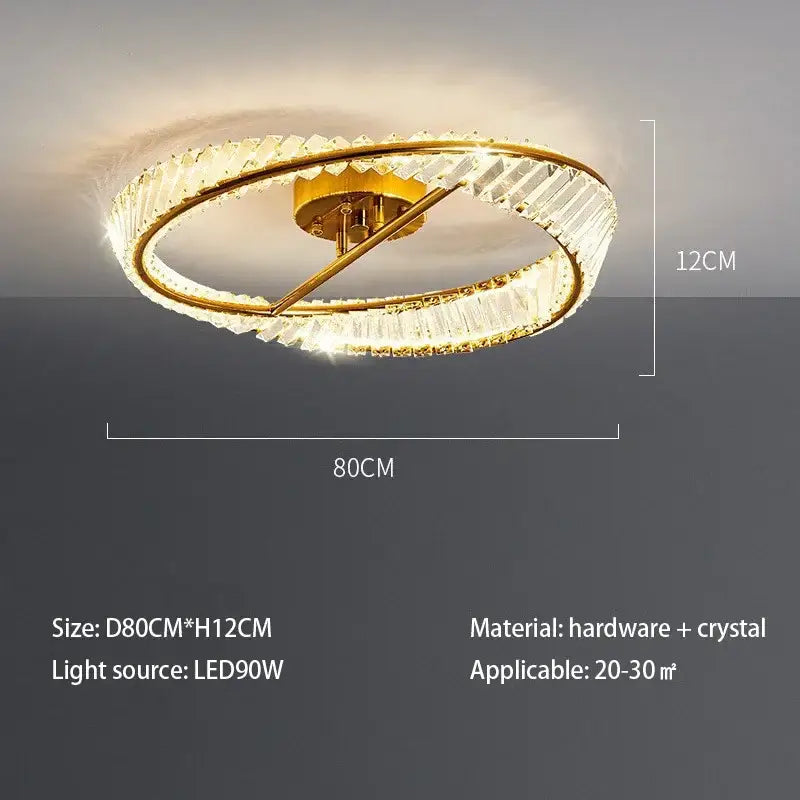 Modern gold-toned ceiling light with two concentric decorbites crystal rings led for elegant living room decor