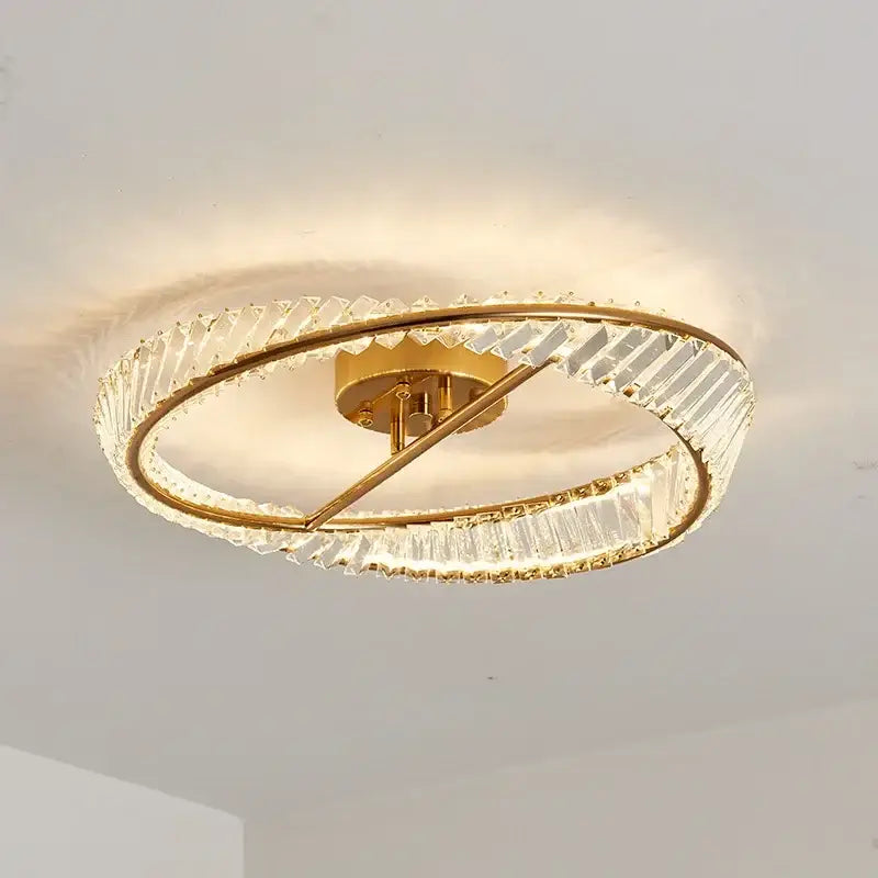 Modern gold ceiling light featuring two concentric decorbites crystal rings led accents for living room decor