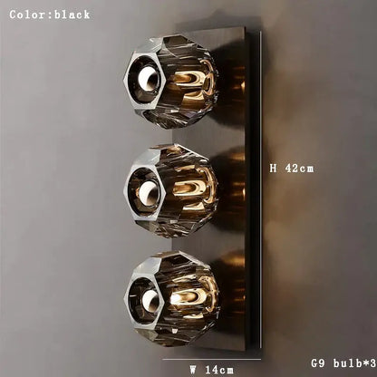 Black wall lamp with three gold faceted decorbites crystal luxury shades and sleek metallic base for living room decor