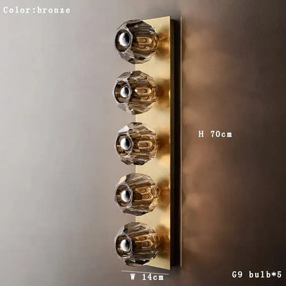 Modern gold bronze wall lamp featuring five faceted decorbites crystal luxury bulbs for elegant living room decor