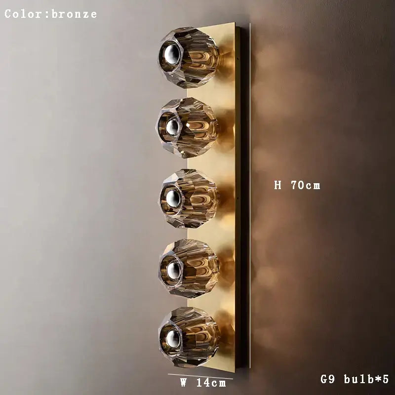 Modern gold bronze wall lamp featuring five faceted decorbites crystal luxury bulbs for elegant living room decor