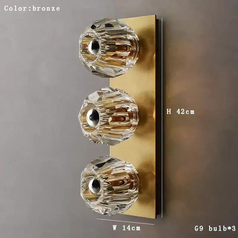 Bronze wall lamp with three clear faceted crystal globes decorbites crystal luxury living room sconce decorbites crystal