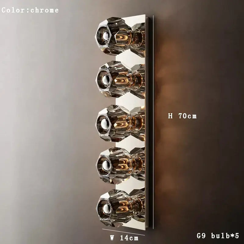 Chrome finished modern gold faceted crystal wall lamp with five vertical decorbites crystal luxury bulb holders