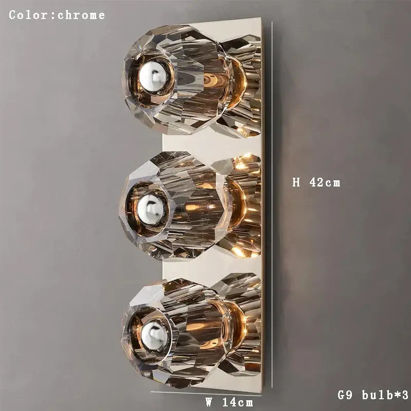 Modern gold faceted crystal wall lamp with chrome finish and three g9 bulb shades by decorbites crystal luxury