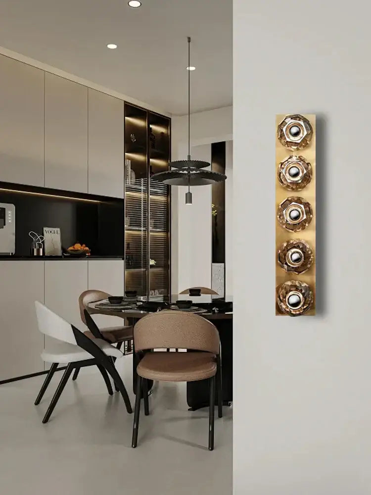 Modern gold faceted decorbites crystal luxury wall lamp with four textured circular light fixtures for living room decor