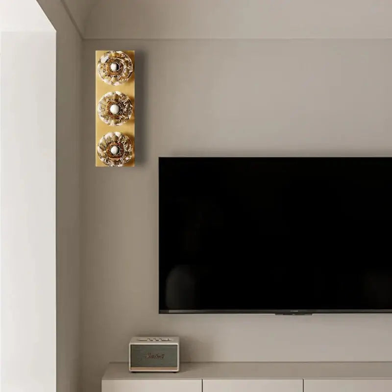 Modern gold wall lamp with three ornate flower-shaped decorbites crystal luxury fixtures featuring pearl accents