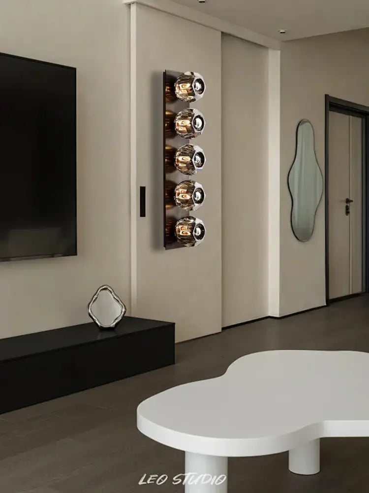 Modern gold faceted crystal wall lamp with five metallic glass globes by decorbites crystal luxury for living room decor