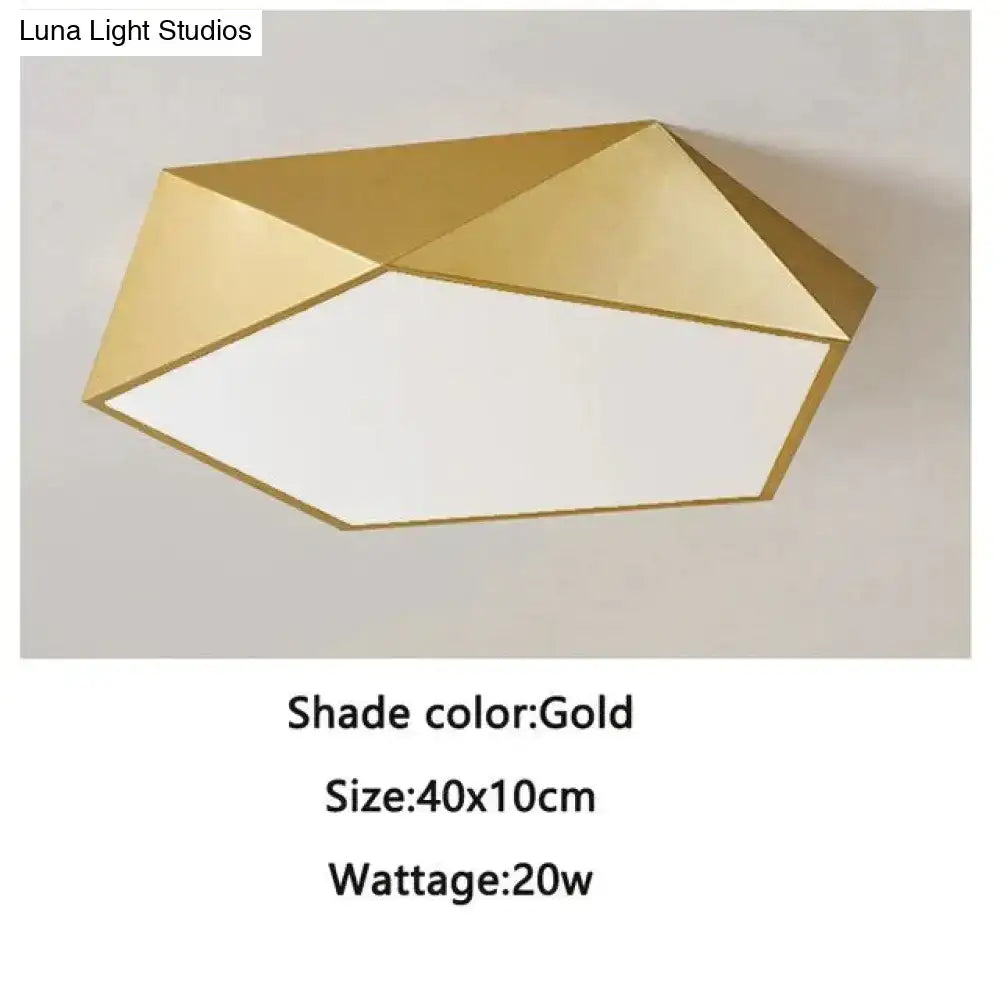 Decorbites modern gold geometric ceiling light with faceted design and white diffuser for living room and bedroom