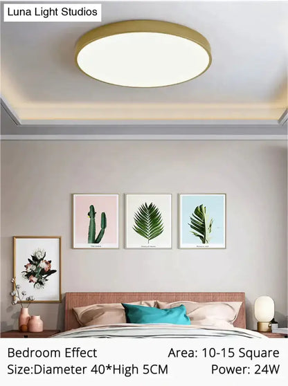 Decorbites modern gold-rimmed circular ceiling light with soft white illuminated center for indoor living spaces