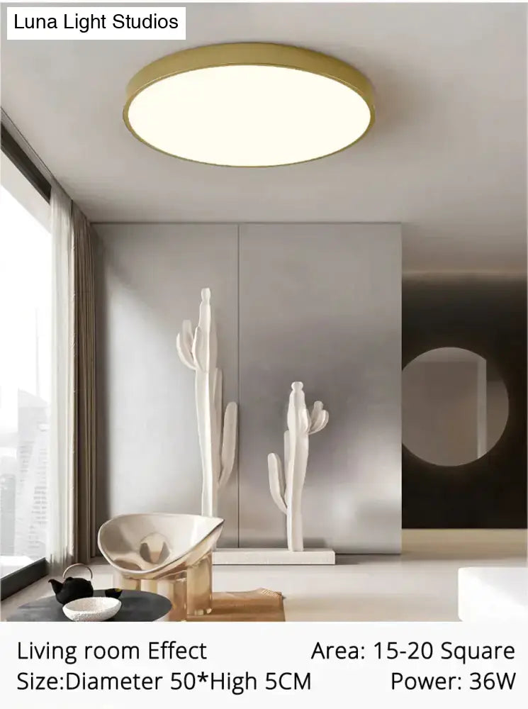 DecorBites™ gold-rimmed circular ceiling light with soft white illuminated center for living room and bedroom use