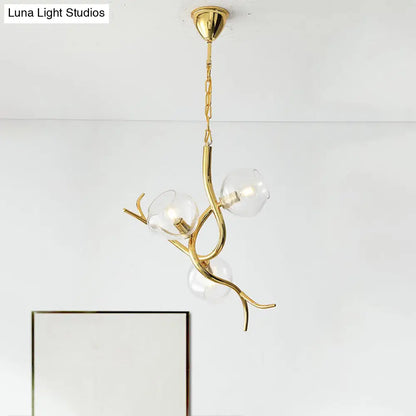 Lámpara de techo colgante moderna con acabado dorado en forma de rama - Cristal transparente, luz LED (3 cabezales)