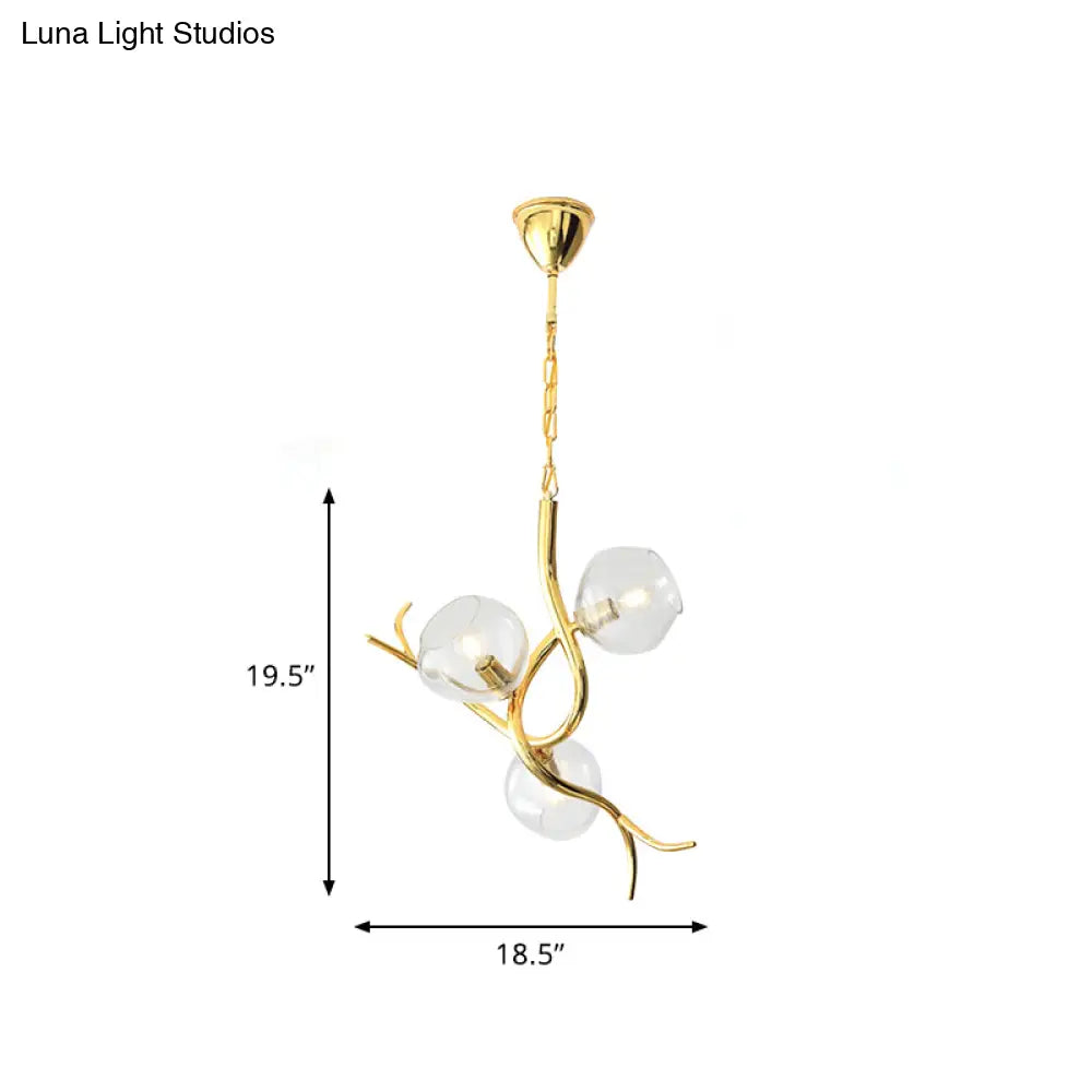 Lámpara de techo colgante moderna con acabado dorado en forma de rama - Cristal transparente, luz LED (3 cabezales)