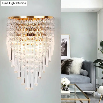Modern gold finish clear crystal wall light with cascading crystal prisms for elegant bedroom sconce lighting