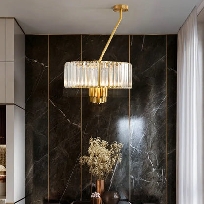 Lámpara de araña colgante moderna con acabado dorado y cristal (tamaño tambor) - 3/4/6 luces