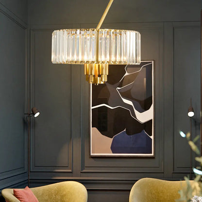 Lámpara de araña colgante moderna con acabado dorado y cristal (tamaño tambor) - 3/4/6 luces