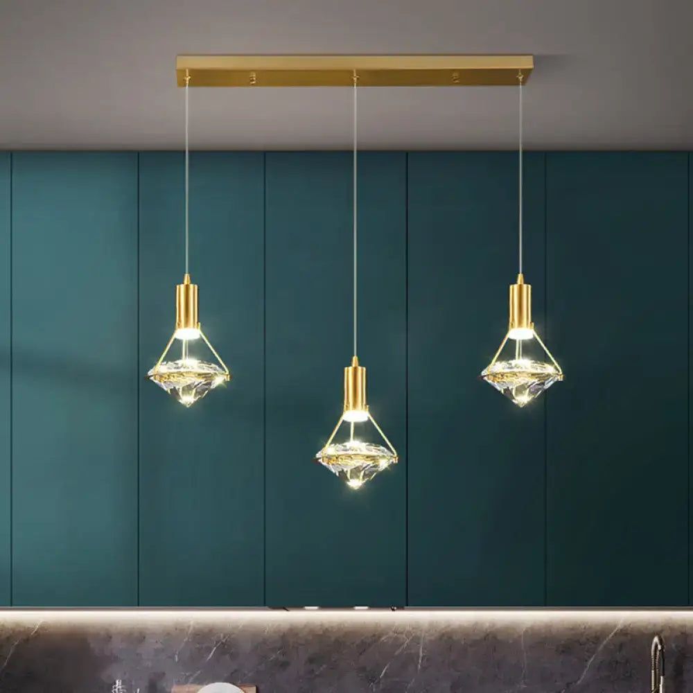 Three elegant gold finish pendant light fixture with crystal diamond glass shades for kitchen island lighting