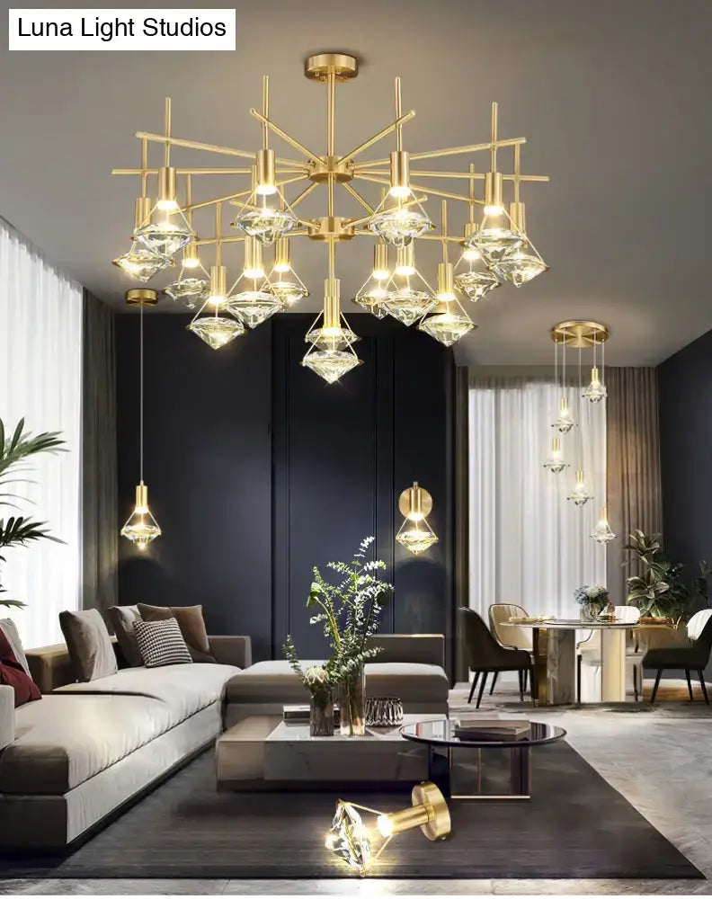 Modern gold finish light fixture with crystal glass shades and geometric design for kitchen island lighting