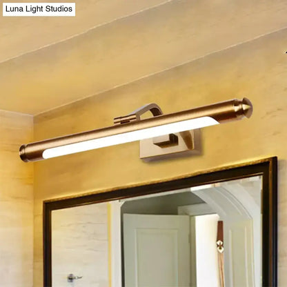 Brass-finished gold finish tubed led vanity light wall sconce with sleek rectangular design mounted above mirror