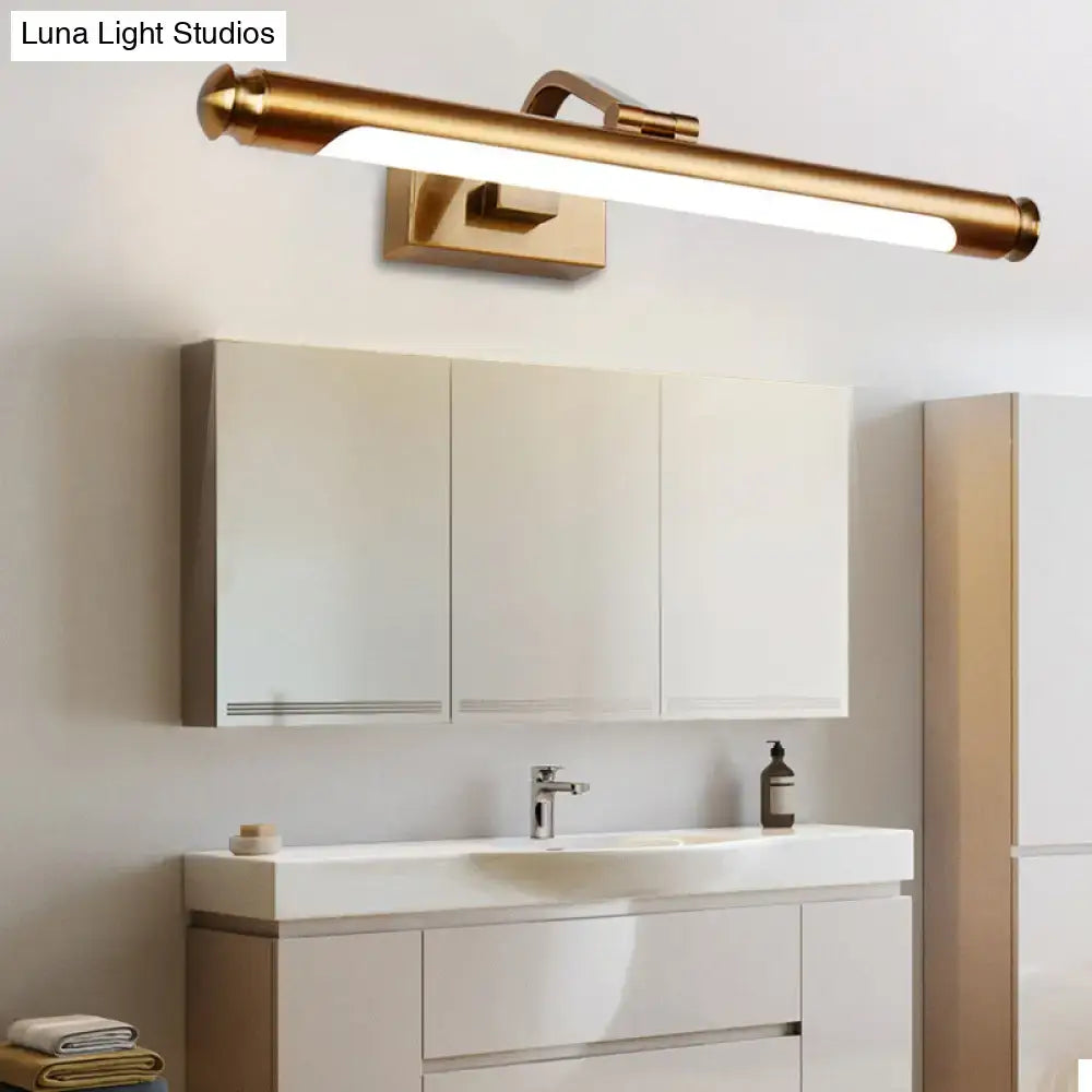 Modern gold finish tubed led vanity light wall sconce with brass finish and sleek rectangular design above bathroom sink