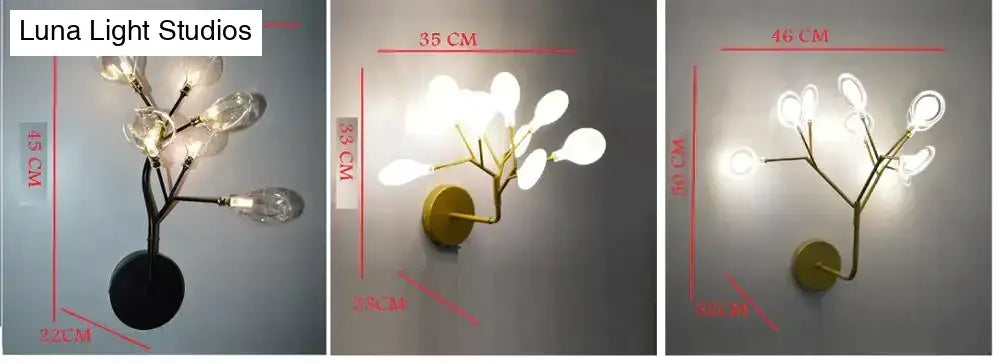 Modern gold firefly tree branch led wall light with gold-toned metal and clear glass teardrop bulbs for bedroom use