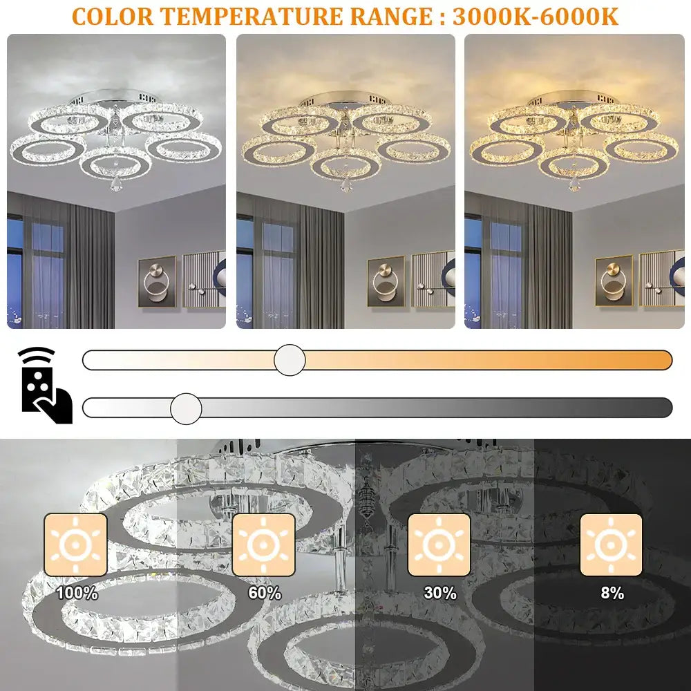 Modern gold five ring decorbites crystal ceiling chandelier with adjustable warm white to cool daylight lighting for dining room