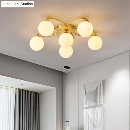 DecorBites™ DecorBites™ Modern Gold Flower Design 6-Head Orb Bedroom Semi Flush Ceiling Lamp with Opal Glass