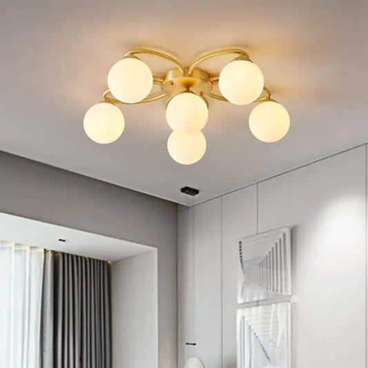 DecorBites™ DecorBites™ Modern Gold Flower Design 6-Head Orb Bedroom Semi Flush Ceiling Lamp with Opal Glass