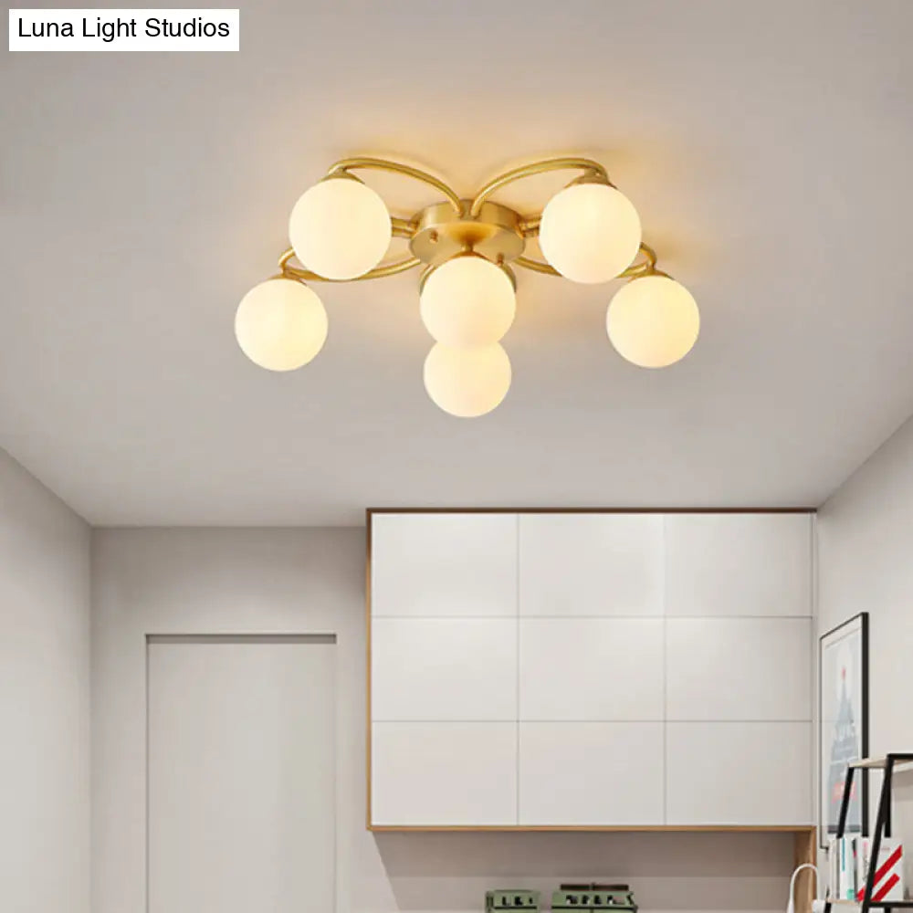 DecorBites™ DecorBites™ Modern Gold Flower Design 6-Head Orb Bedroom Semi Flush Ceiling Lamp with Opal Glass