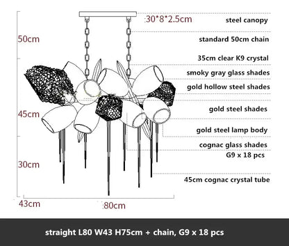 Modern gold flower glass shades led chandelier with steel canopy and smoky gray, gold, and cognac glass shades for stairs