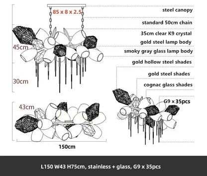 Modern gold flower glass shades led chandelier with steel canopy 35 cognac glass shades for stairs lighting