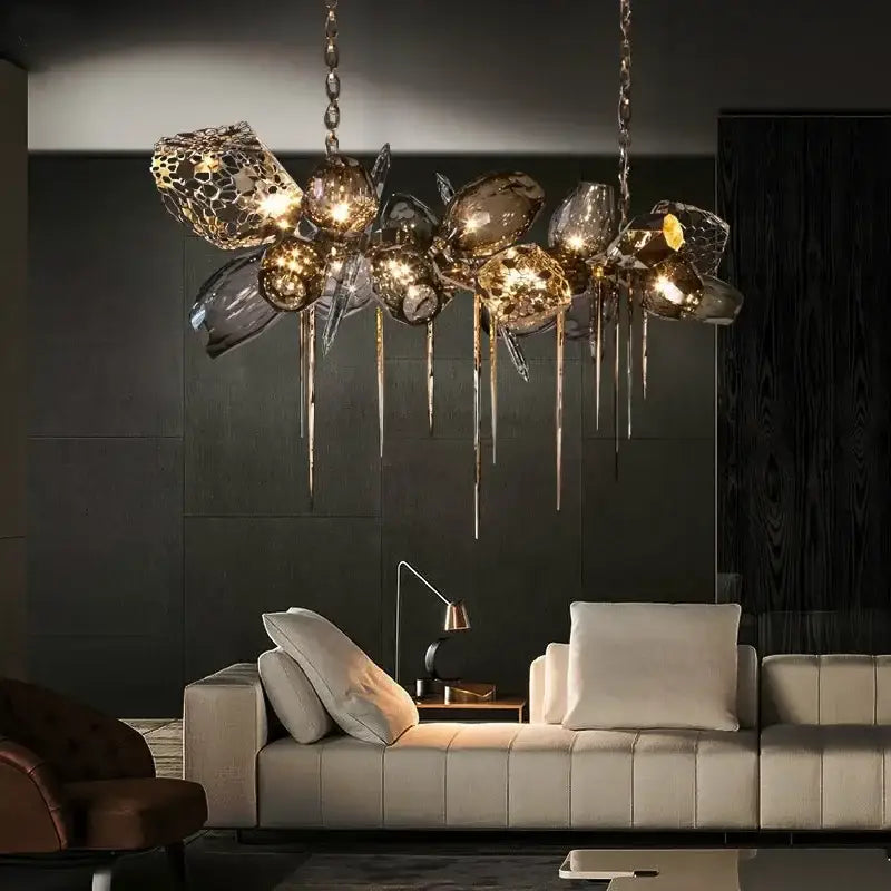 Modern gold flower glass shades led chandelier with sculptural glass orbs and metallic drips for stairs lighting