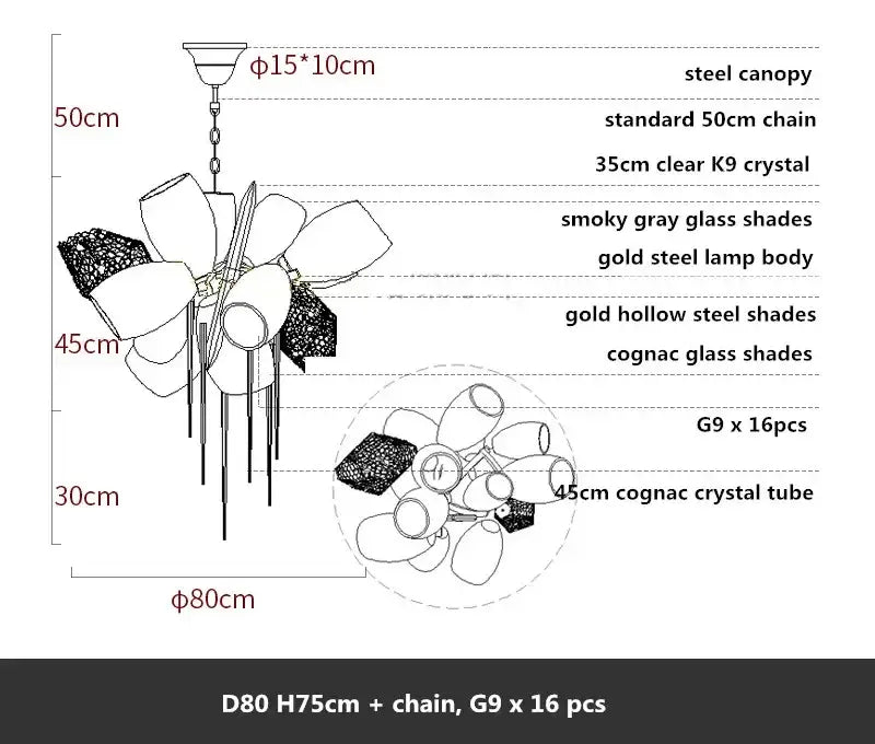 Modern gold flower glass shades led chandelier with smoky gray glass shades and cognac crystal tubes for stairs hanging lamp