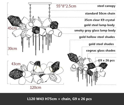 Modern gold flower glass shades led chandelier with steel canopy and smoky gray glass shades for stairs hanging lamp