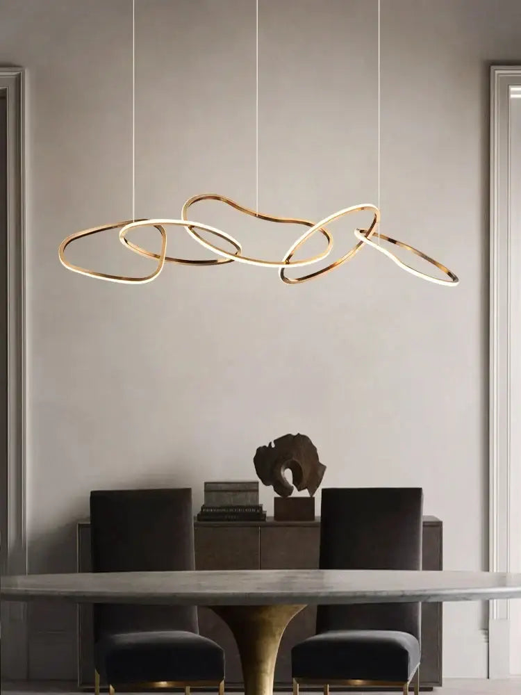 Modern gold flowing ring led decorbites elegant chandelier with intertwined circular rings for dining bar lighting