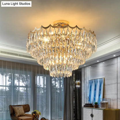 DecorBites™ DecorBites™ Modern Gold Flush Mount Chandelier with Clear Crystal Drops - 9-Bulb Bedroom Ceiling Lighting - 3-Layer Design