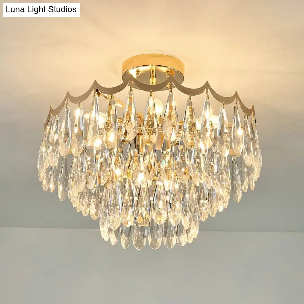 DecorBites™ DecorBites™ Modern Gold Flush Mount Chandelier with Clear Crystal Drops - 9-Bulb Bedroom Ceiling Lighting - 3-Layer Design