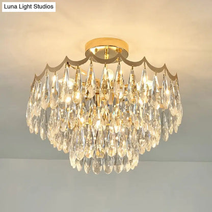 DecorBites™ DecorBites™ Modern Gold Flush Mount Chandelier with Clear Crystal Drops - 9-Bulb Bedroom Ceiling Lighting - 3-Layer Design