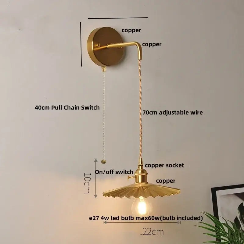 Modern gold fluted clear glass led wall light with brass-finished vintage scalloped shade and adjustable copper wire wall light decorbites clear glass