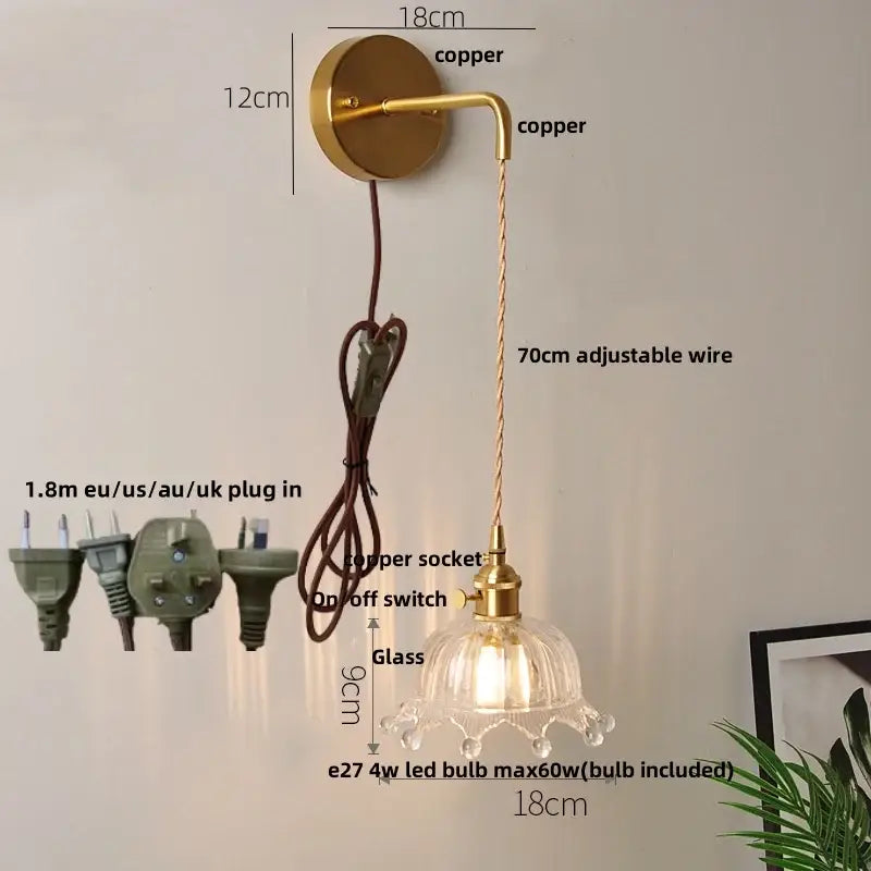 Copper-finished wall light with decorbites clear glass led lampshade and adjustable wire for modern bedroom sconce decor