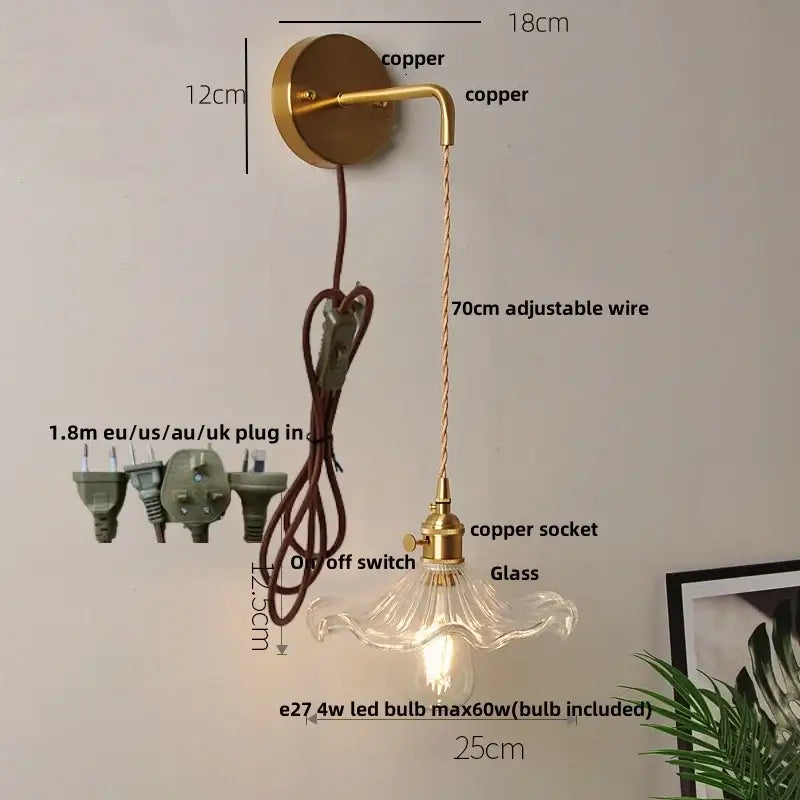 Modern gold fluted clear glass led wall light with copper finish and adjustable wire for bedroom wall light decorbites clear glass