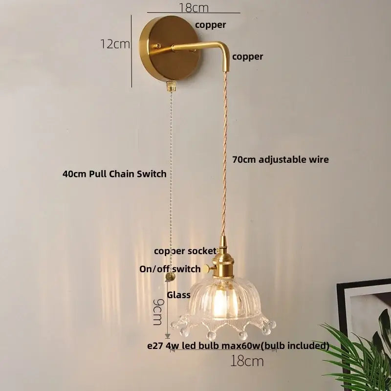 Modern gold fluted clear glass led wall light with copper-finished sconce and adjustable wire for bedroom decorbites clear glass