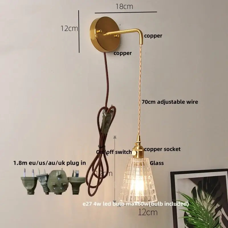 Modern gold fluted clear glass led wall light with copper wall sconce and adjustable wire for bedroom decorbites clear glass