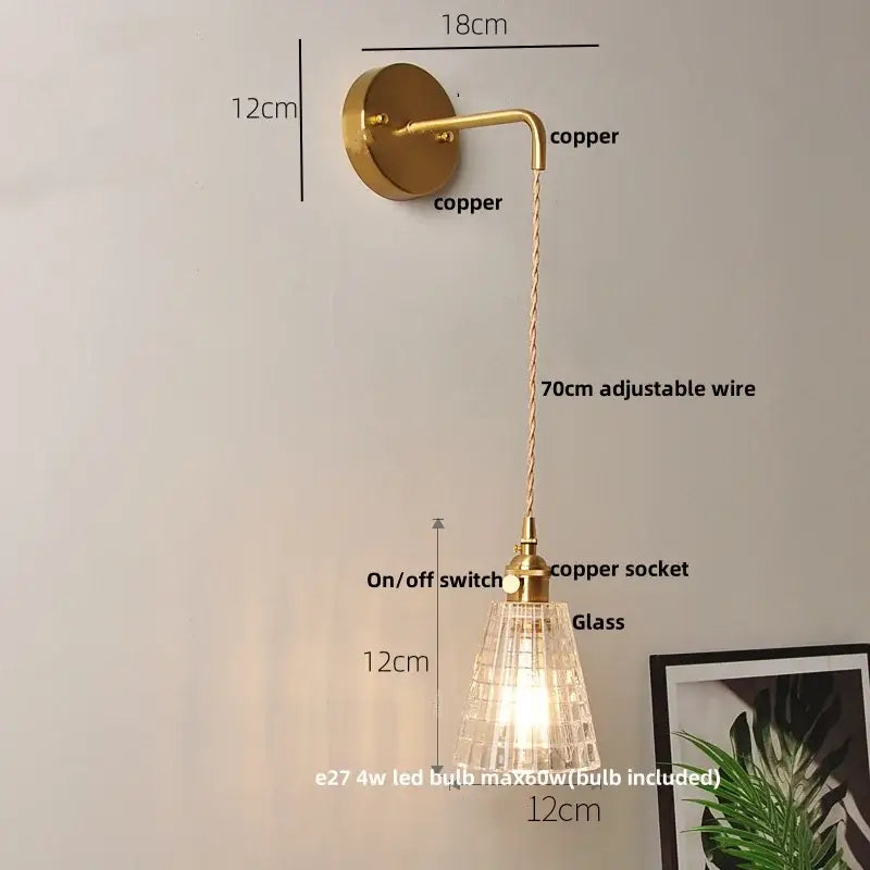 Modern gold copper wall light with textured clear glass led shade and adjustable wire for bedroom decorbites clear glass