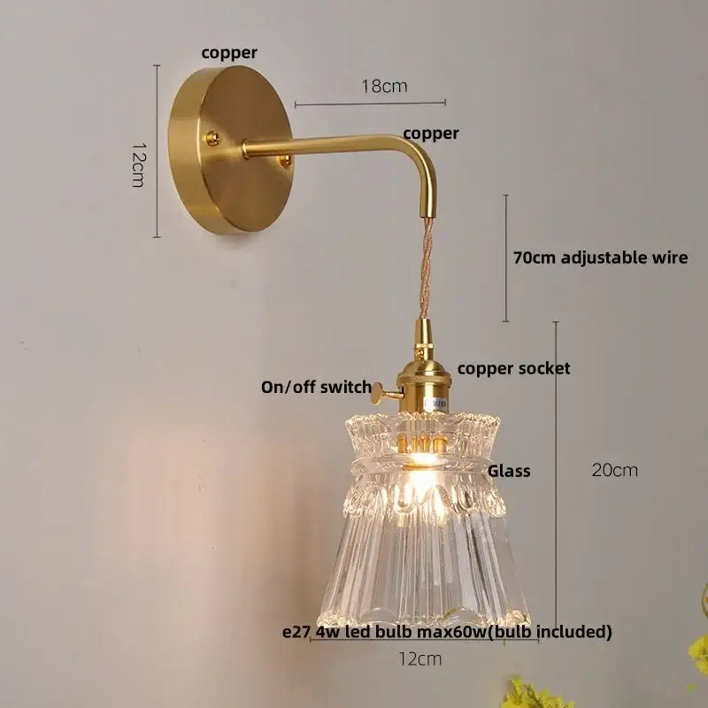 Vintage-style wall light with brass copper finish and ornate clear glass led shade for decorbites clear glass decor