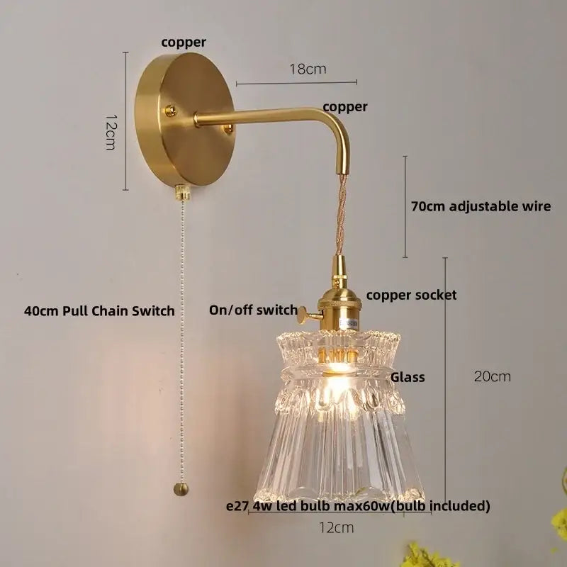 Modern gold fluted clear glass led wall light with brass copper arm and ornate cut-glass shade for bedroom decorbites clear glass