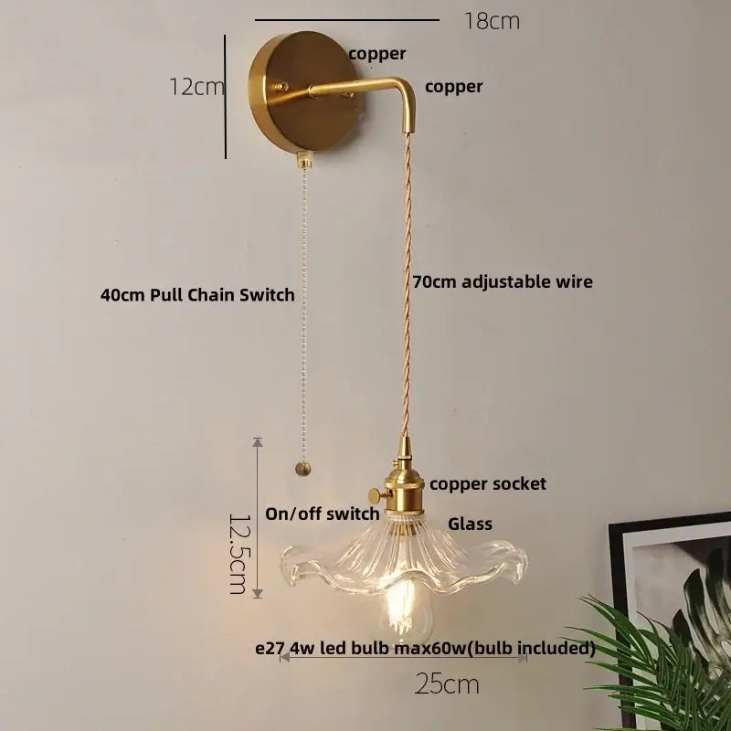 Modern gold wall light featuring a vintage copper sconce with decorbites clear glass led fluted shade and adjustable wire
